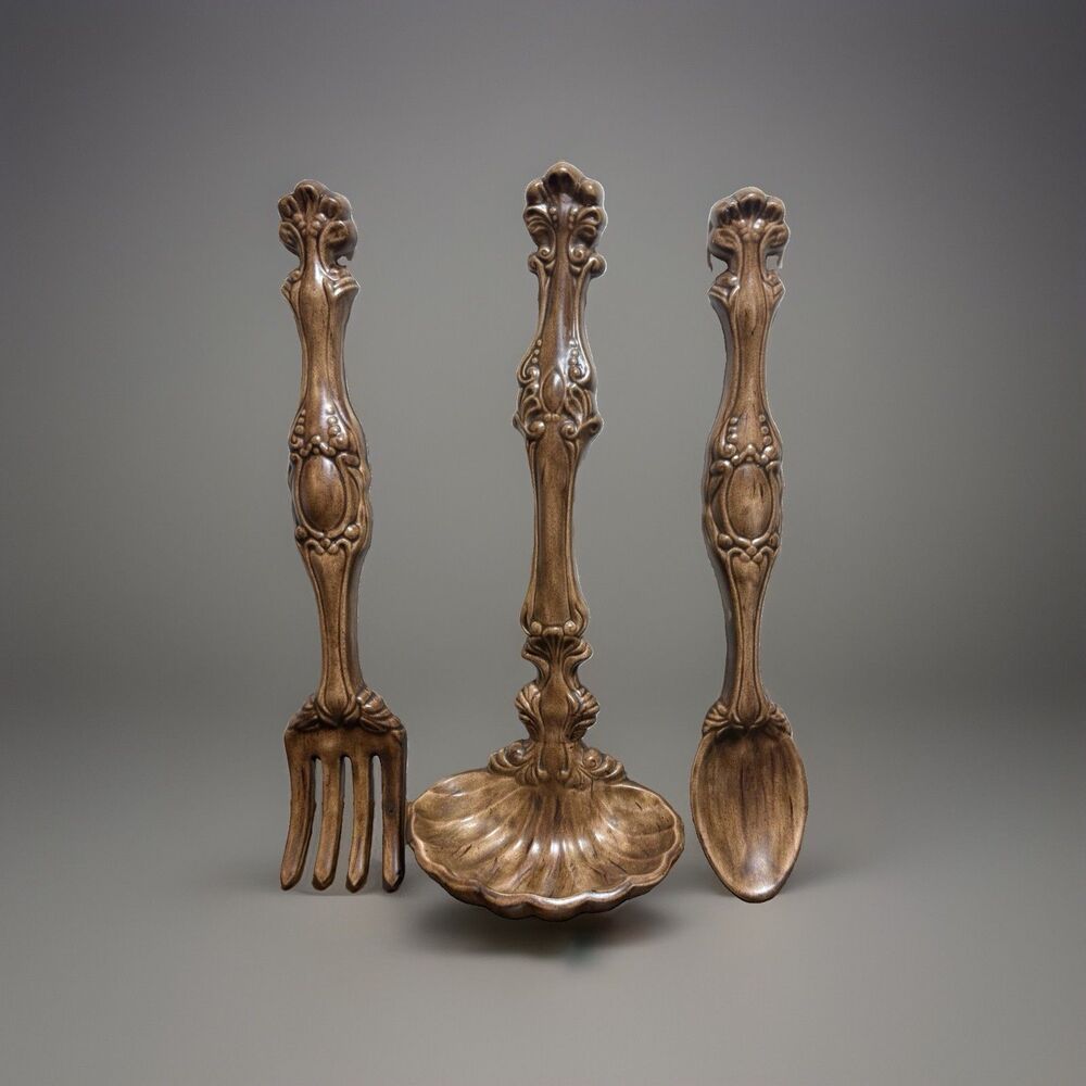 Vintage Ornate Large Spoon Fork Ladle Ceramic Wall Hang Kitchen Decor Set MCM 70